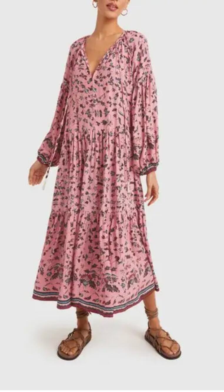 Natalie Martin Briana Silk Floral Boho Maxi Dress Split Neck Pink Print NWOT